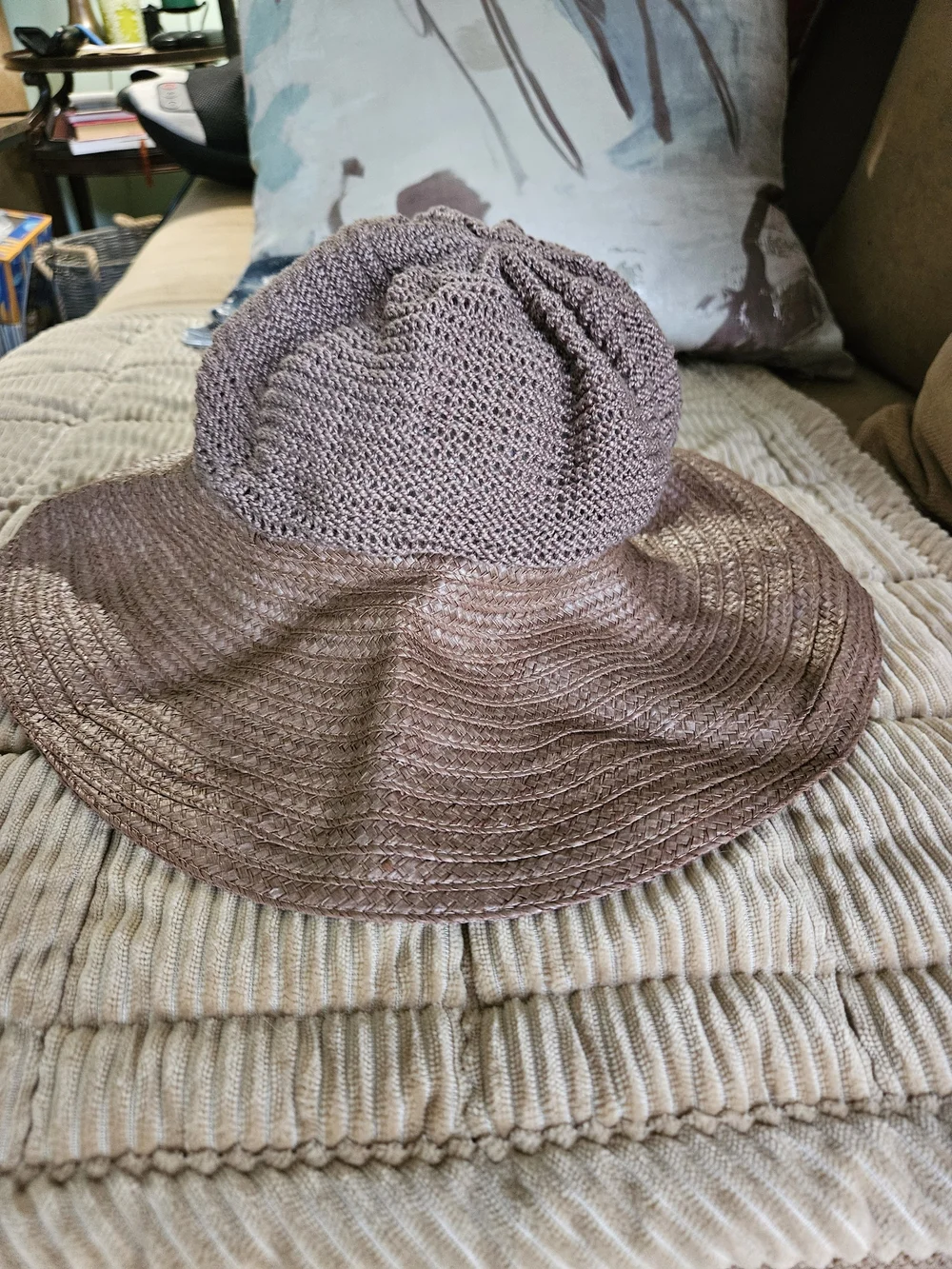 Patricia Underwood Wide-Brim Knit-Crown Straw Hat - Taupe